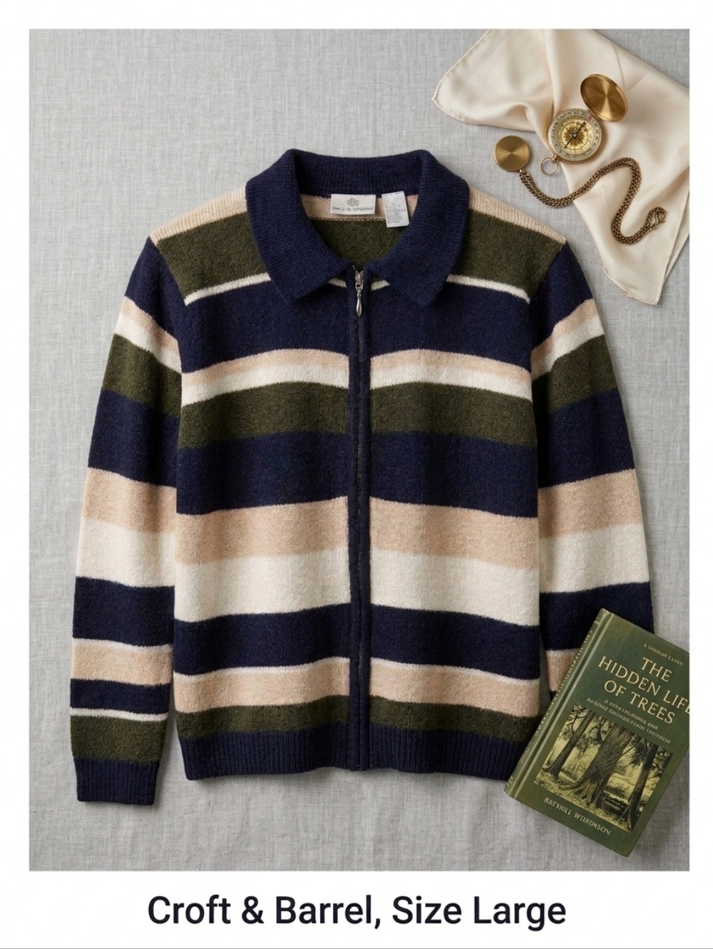 Croft & Barrow Striped Zip-Up Sweater Jacket in Navy, Olive & Cream